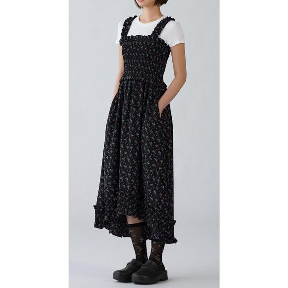 Rokh x GU (Uniqlo) Smocking Camisole Ruffle Dress in Black Floral - Picture 2 of 12
